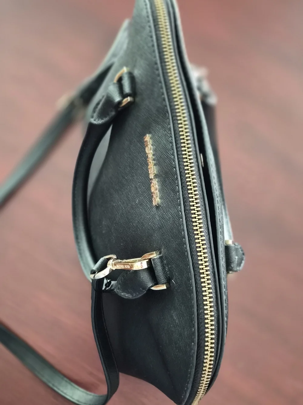 Michael Kors Black Saffiano Dome Crossbody Bag with Gold Hardware